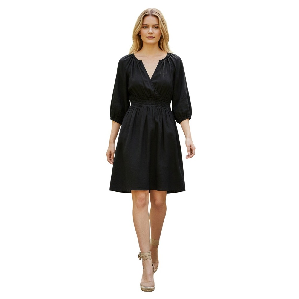 Gap NWT $80 Black Linen Cotton Smocked Waist Mini Dress Pockets S LBD Coastal
